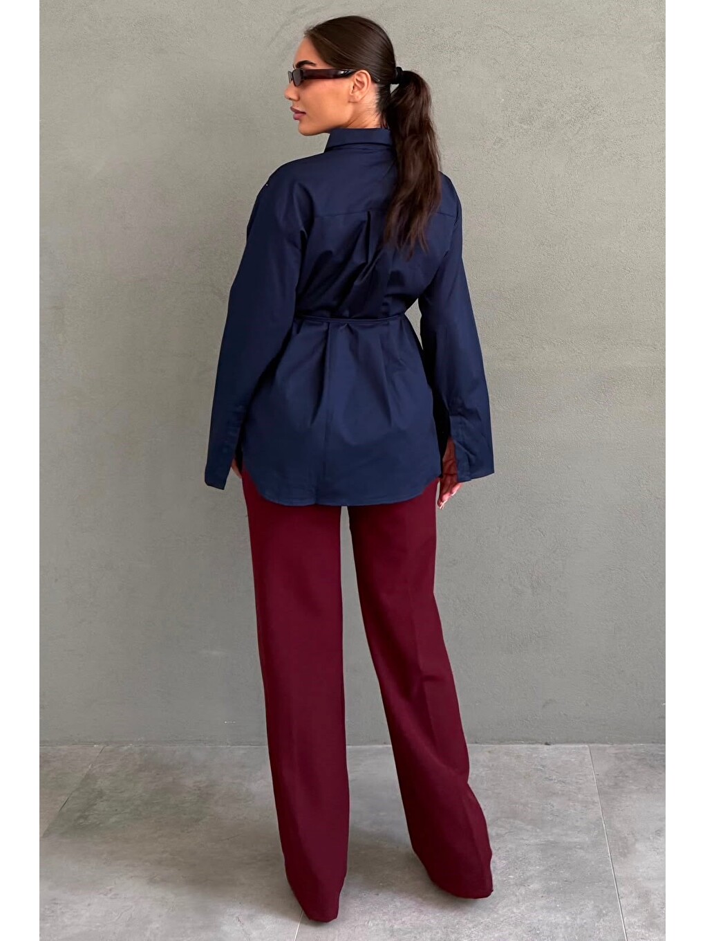 Lacivert Belden Bağlamalı Oversize Cepli Gömlek Mg2798-3