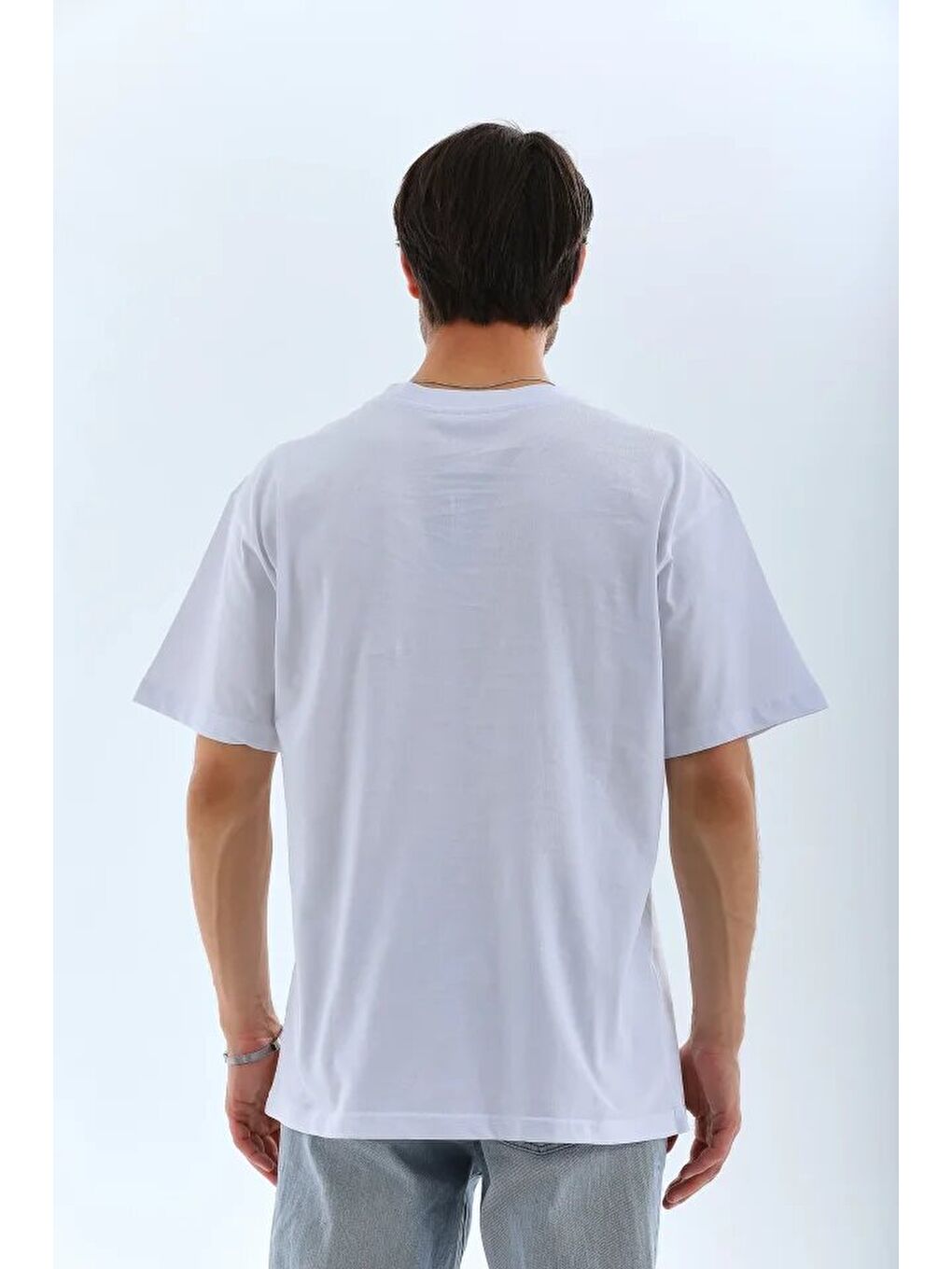 Unisex Oversize Düz Bisiklet Yaka T-Shirt - Beyaz-1