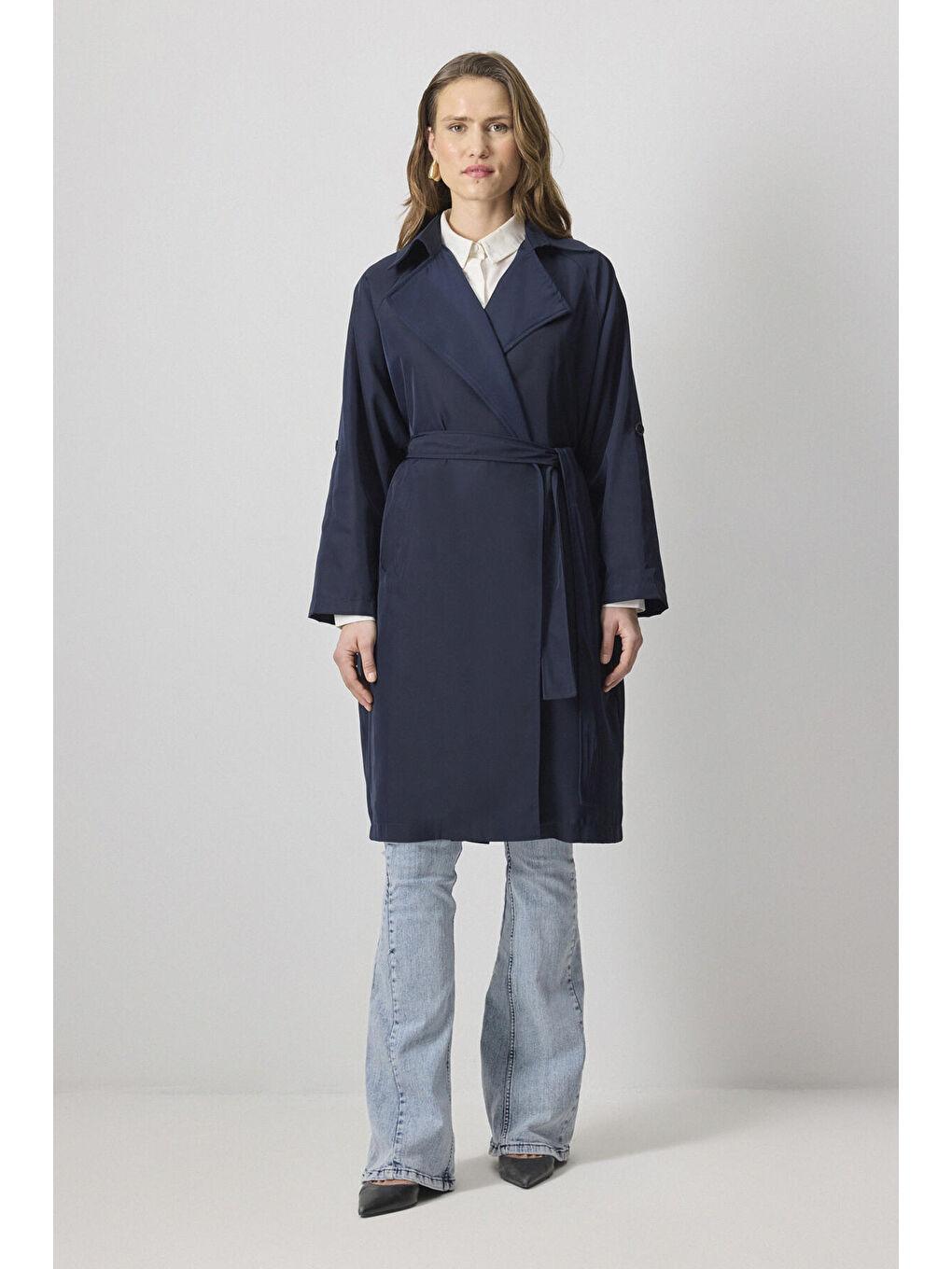 Lacivert Kuşaklı Kruvaze Trençkot-1