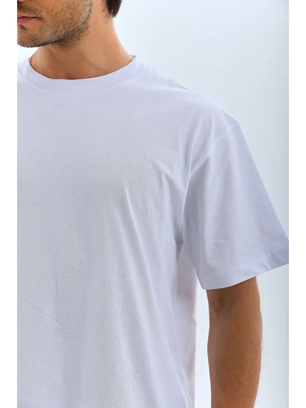 Unisex Oversize Düz Bisiklet Yaka T-Shirt - Beyaz-2