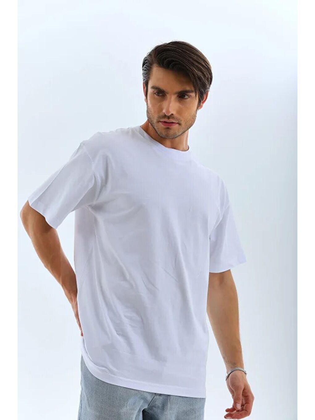 Unisex Oversize Düz Bisiklet Yaka T-Shirt - Beyaz-3