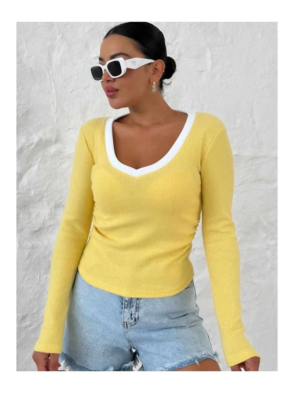 Kadın Siyah Sarı Kiremit V Yakalı Biyeli Uzun Kollu İnterlok Bluz-1