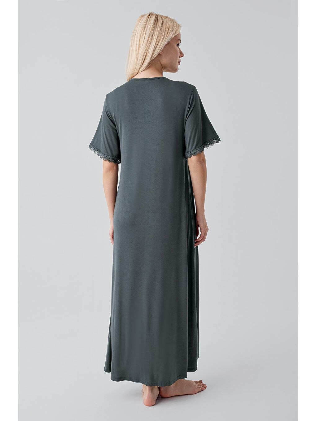 Yeşil Kısa Kollu Dantelli Uzun Rahat Esnek Viskoz Gecelik19104-4