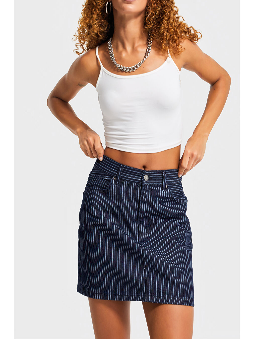 Kadın Çizgili Mavi Renk 19w5-33 Straight Fit Boy 40cm %100 Pamuk Özel Kumaş Denim Etek