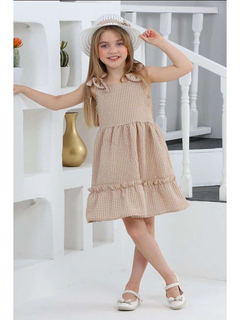 Bej Kız Çocuk Vizon Şapkalı Elbise - 27050