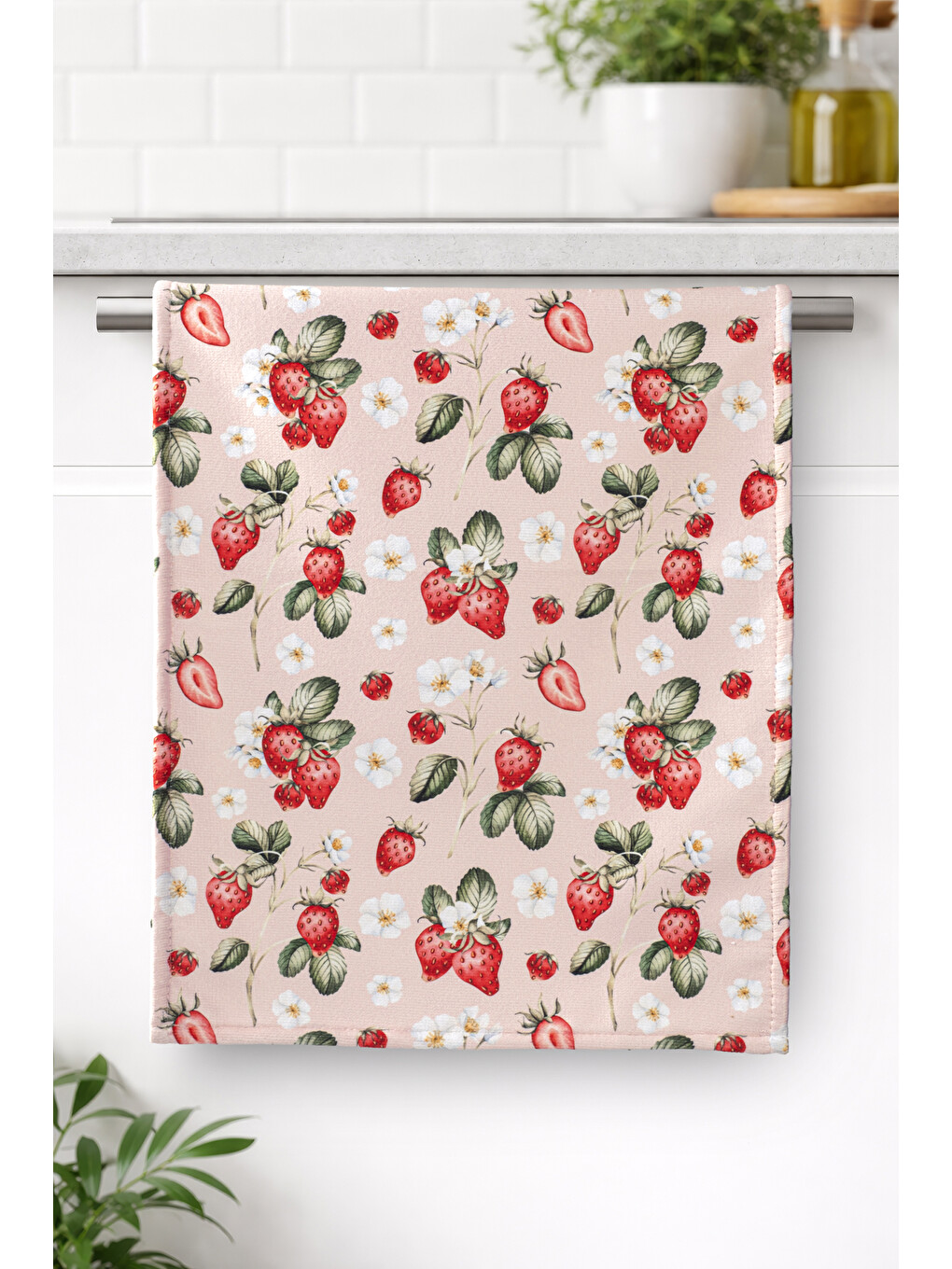 STRAWBERRY-1 Çilek Desenli Pembe Dekoratif Mutfak Havlusu&Kurulama Bezi Yumuşak Emici 35x55
