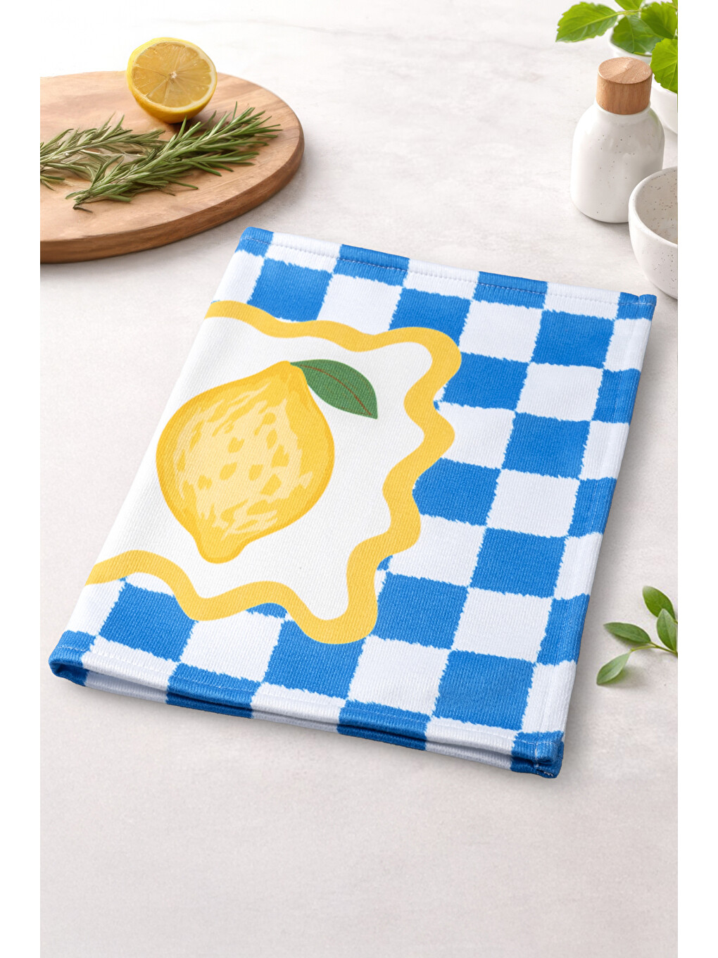 LİMOR 1 Limon Mavi Beyaz Ekose Desenli Dekoratif Mutfak Havlusu &Kurulama Bezi Yumuşak Emici 35x55-1