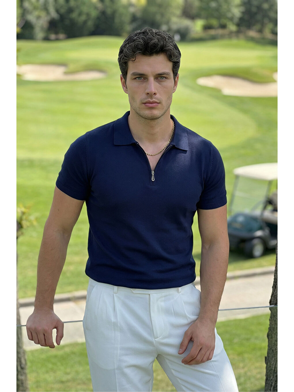 Lacivert Osko Erkek Polo Yaka Pamuk Düz İnce Triko Tişört-1