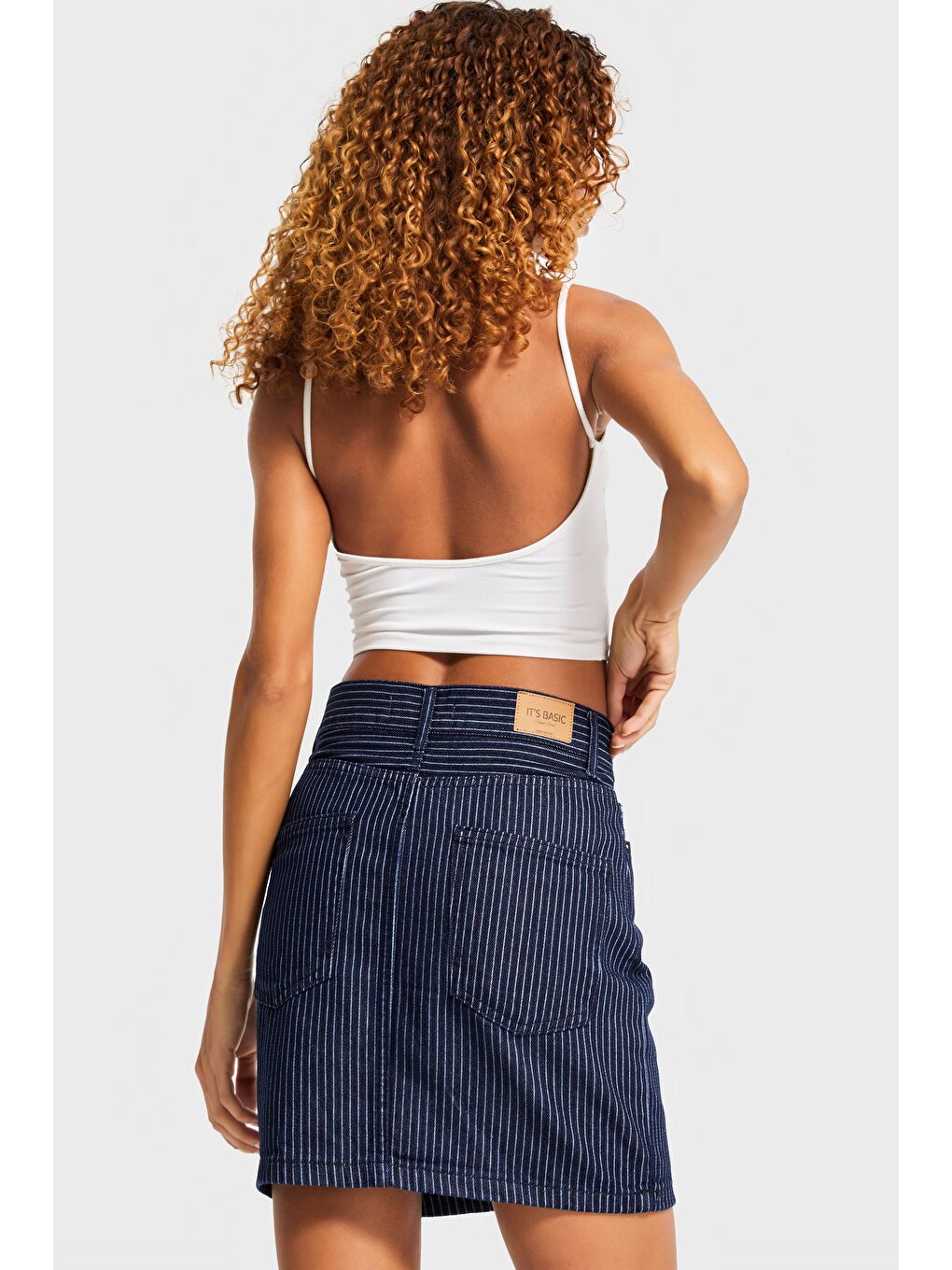 Kadın Çizgili Mavi Renk 19w5-33 Straight Fit Boy 40cm %100 Pamuk Özel Kumaş Denim Etek-1