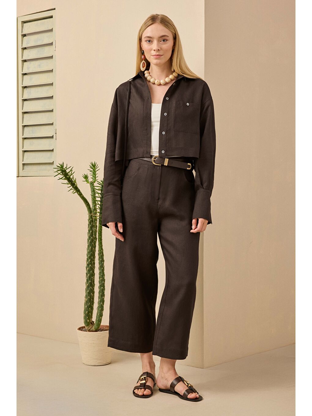 Kahverengi Keten Crop Gömlek Acı Kahve-1