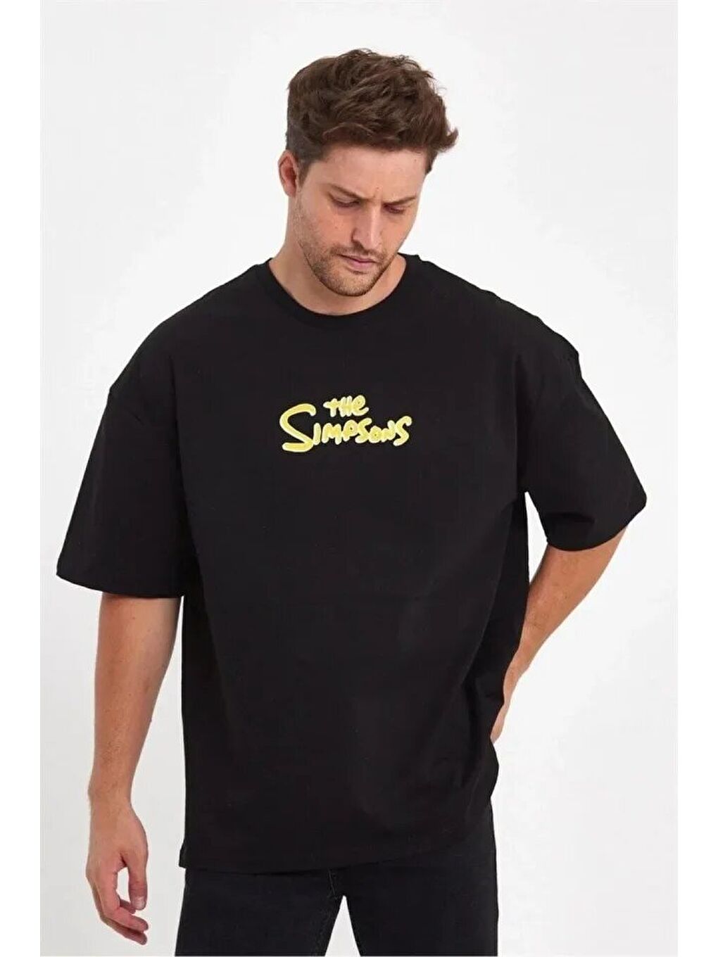 Erkek Sırt Baskılı Bisiklet Yaka Oversize T-shirt - Siyah