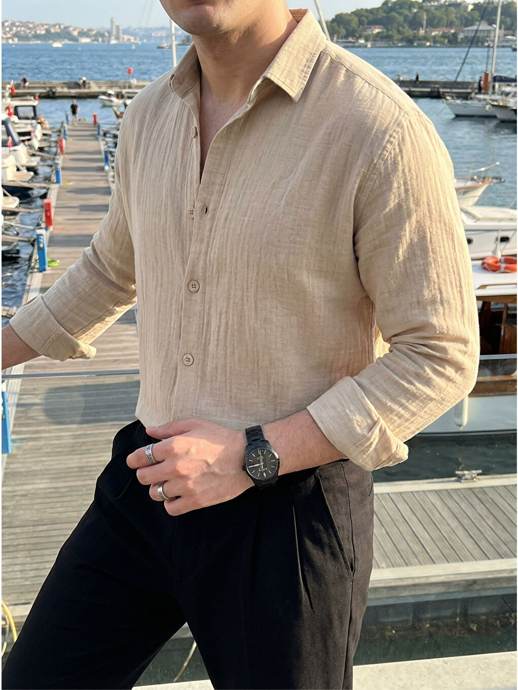 Bej Tap Erkek Oversize Pamuk Gömlek-1