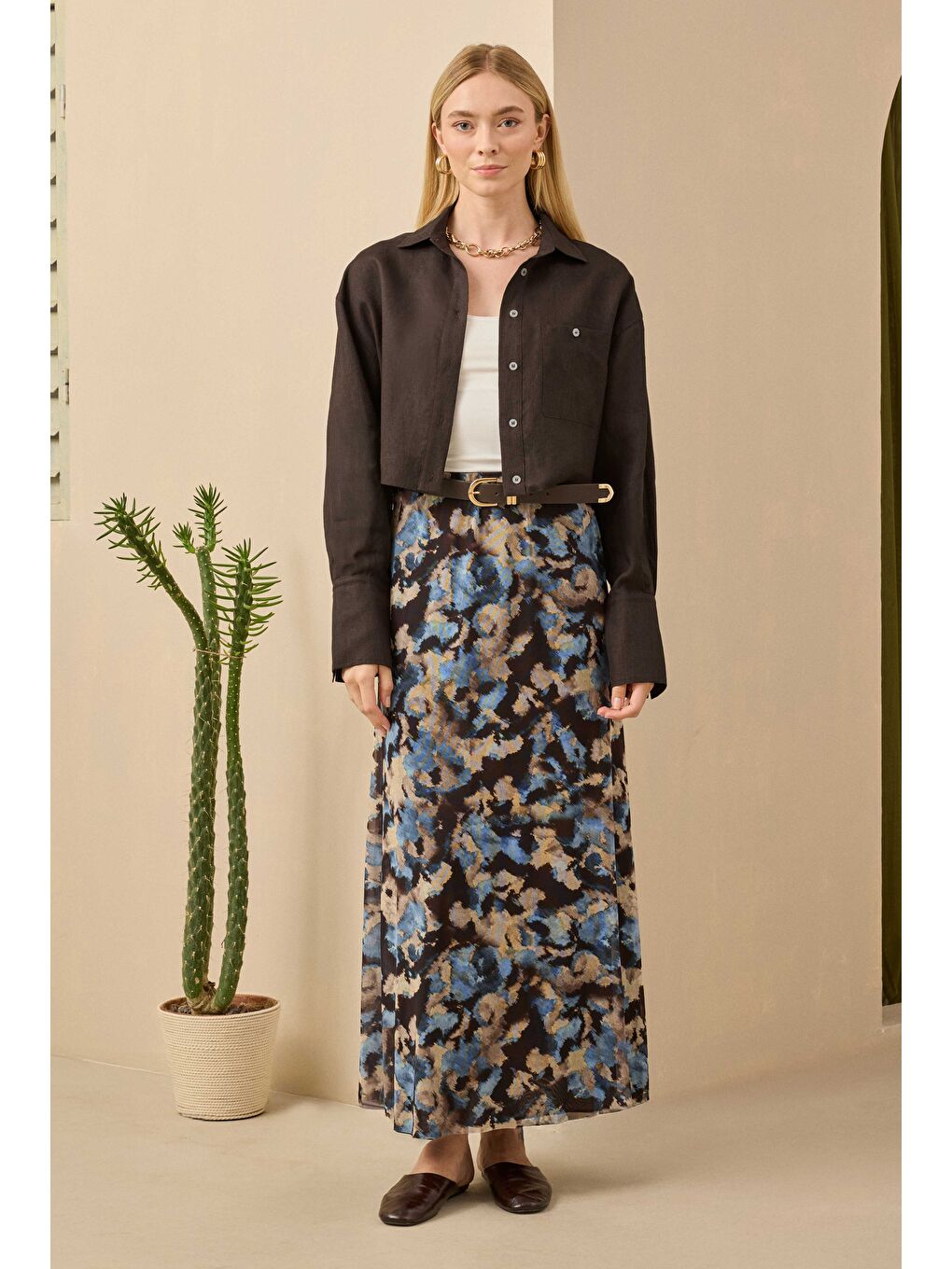 Kahverengi Keten Crop Gömlek Acı Kahve-3