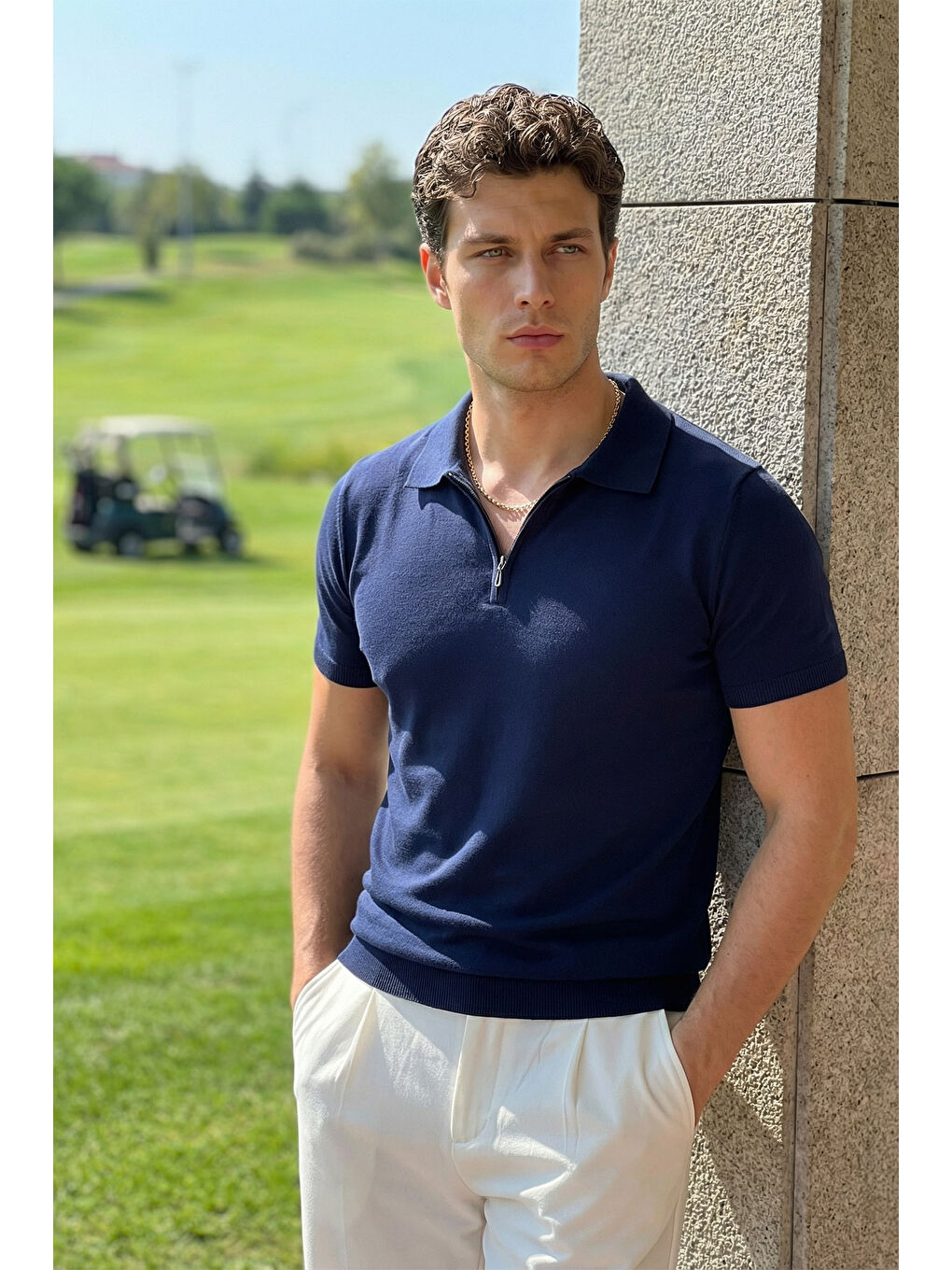 Lacivert Osko Erkek Polo Yaka Pamuk Düz İnce Triko Tişört-2