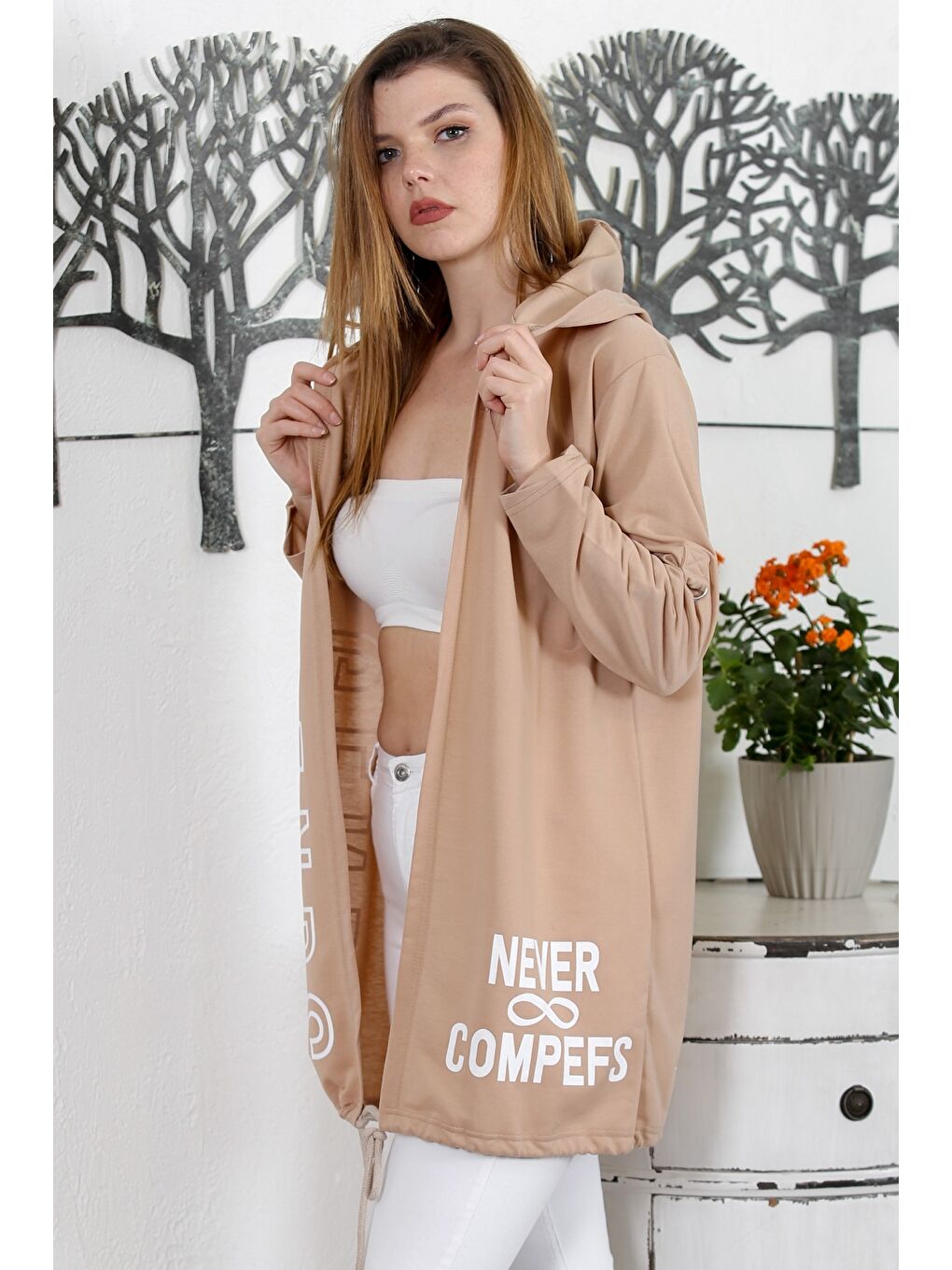 Kahverengi Camel Kapüşonlu Uzun Kol Baskılı Örme Casual Kapüşonlu Ceket-1