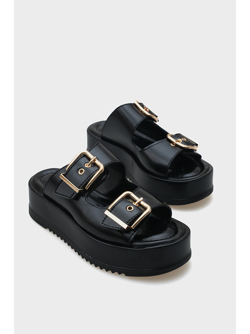 Siyah Marley Çift Tokalı Dolgu Topuklu Kadın Terlik-1