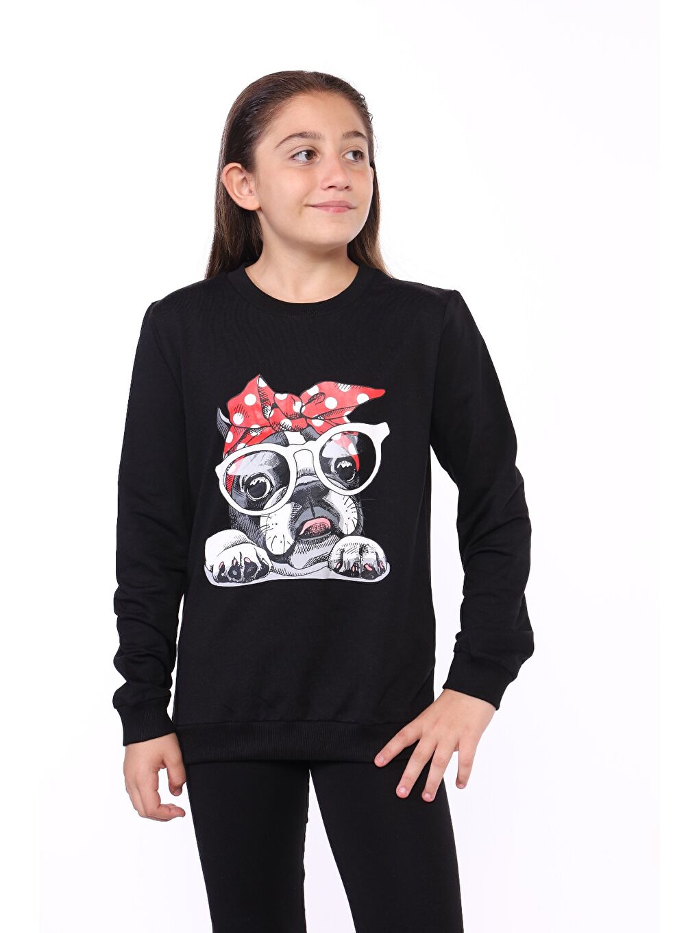 Siyah Kız Çocuk Köpek Figür Baskılı Sweatshirt