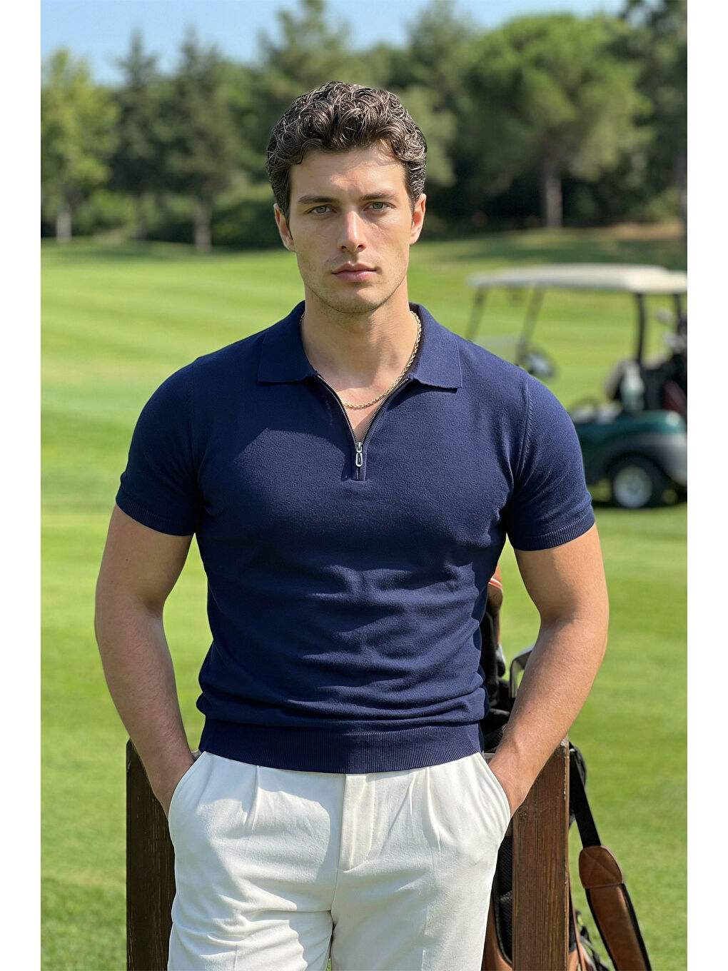 Lacivert Osko Erkek Polo Yaka Pamuk Düz İnce Triko Tişört-3