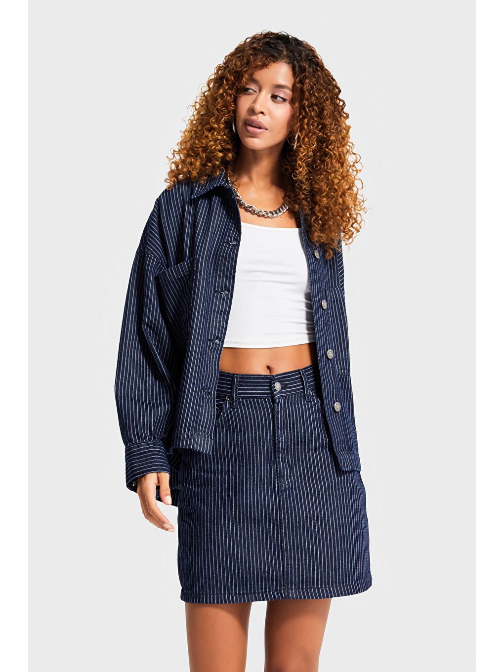 Kadın Çizgili Mavi Renk 19w5-33 Straight Fit Boy 40cm %100 Pamuk Özel Kumaş Denim Etek-4