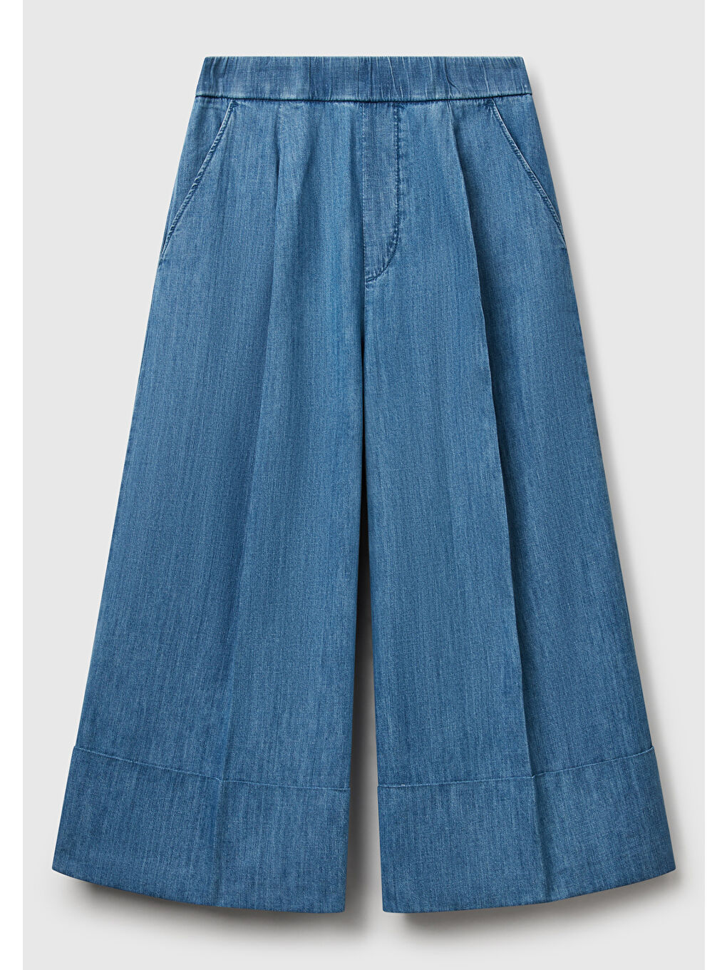 Kadın Açık Mavi Kenevir Karışımlı Beli Lastikli Kısa Bol Paça Denim Pantolon-1