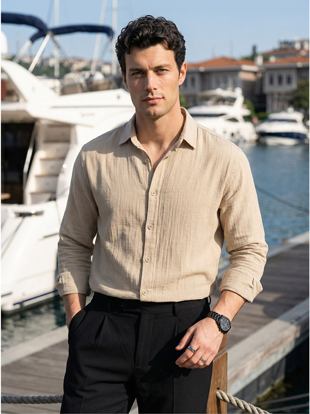 Bej Tap Erkek Oversize Pamuk Gömlek-2