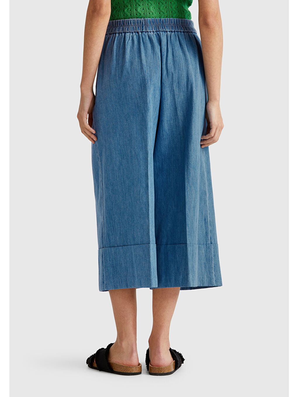 Kadın Açık Mavi Kenevir Karışımlı Beli Lastikli Kısa Bol Paça Denim Pantolon-2