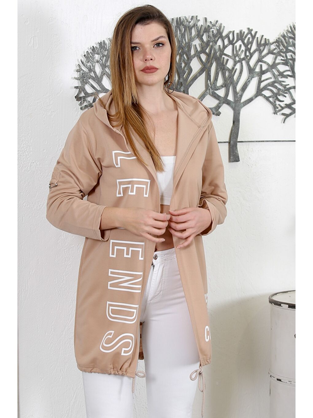 Kahverengi Camel Kapüşonlu Uzun Kol Baskılı Örme Casual Kapüşonlu Ceket-2