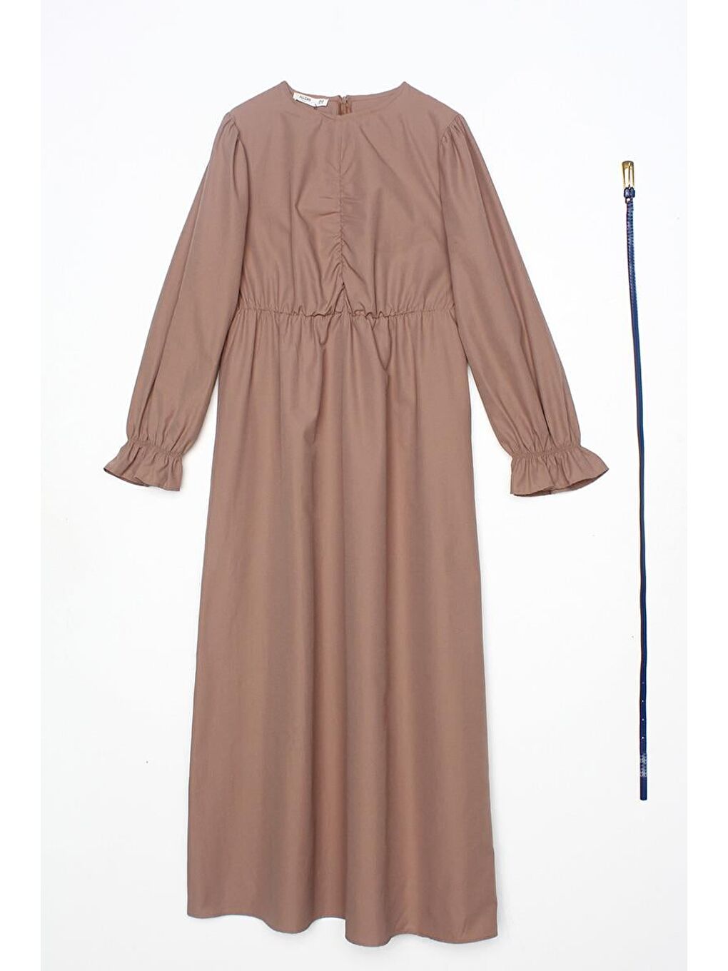 Kahverengi Sütlü Kahve-Büzgülü Kemerli Elbise-4