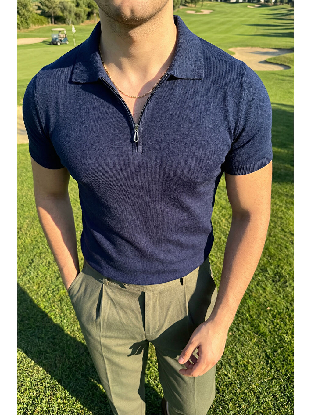 Lacivert Osko Erkek Polo Yaka Pamuk Düz İnce Triko Tişört-4