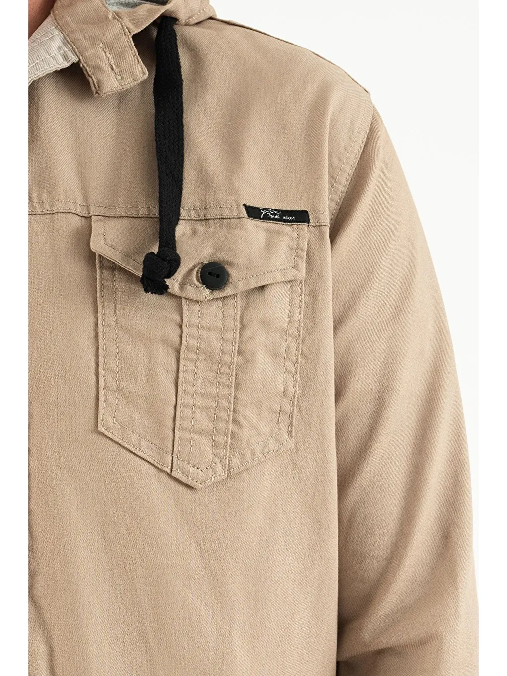 Bej Erkek Slim Fit Dar Kalıp Kapüşonlu Jean Gömlek-1