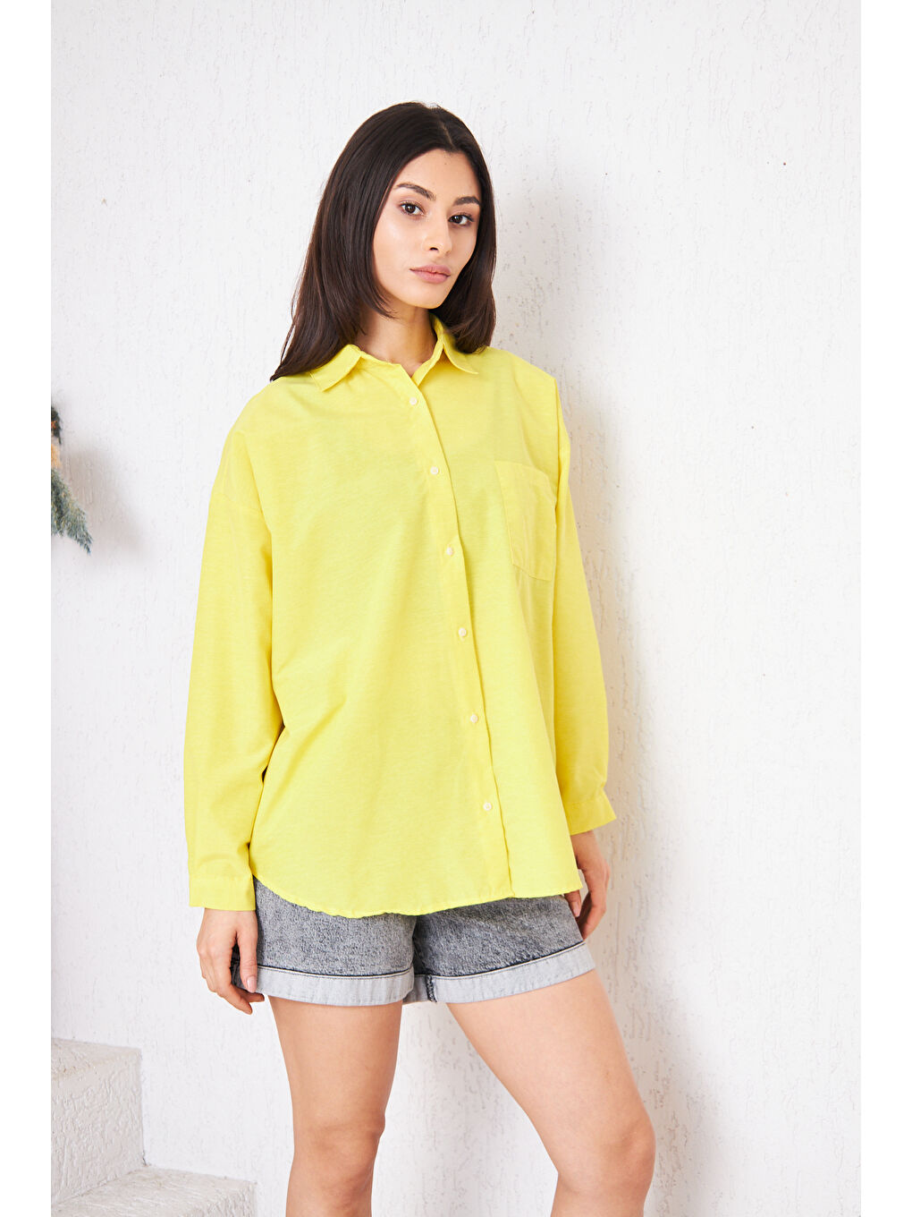 Kadın Cepli Trend Kollu Düğmeli Sarı Tunik Gömlek-3