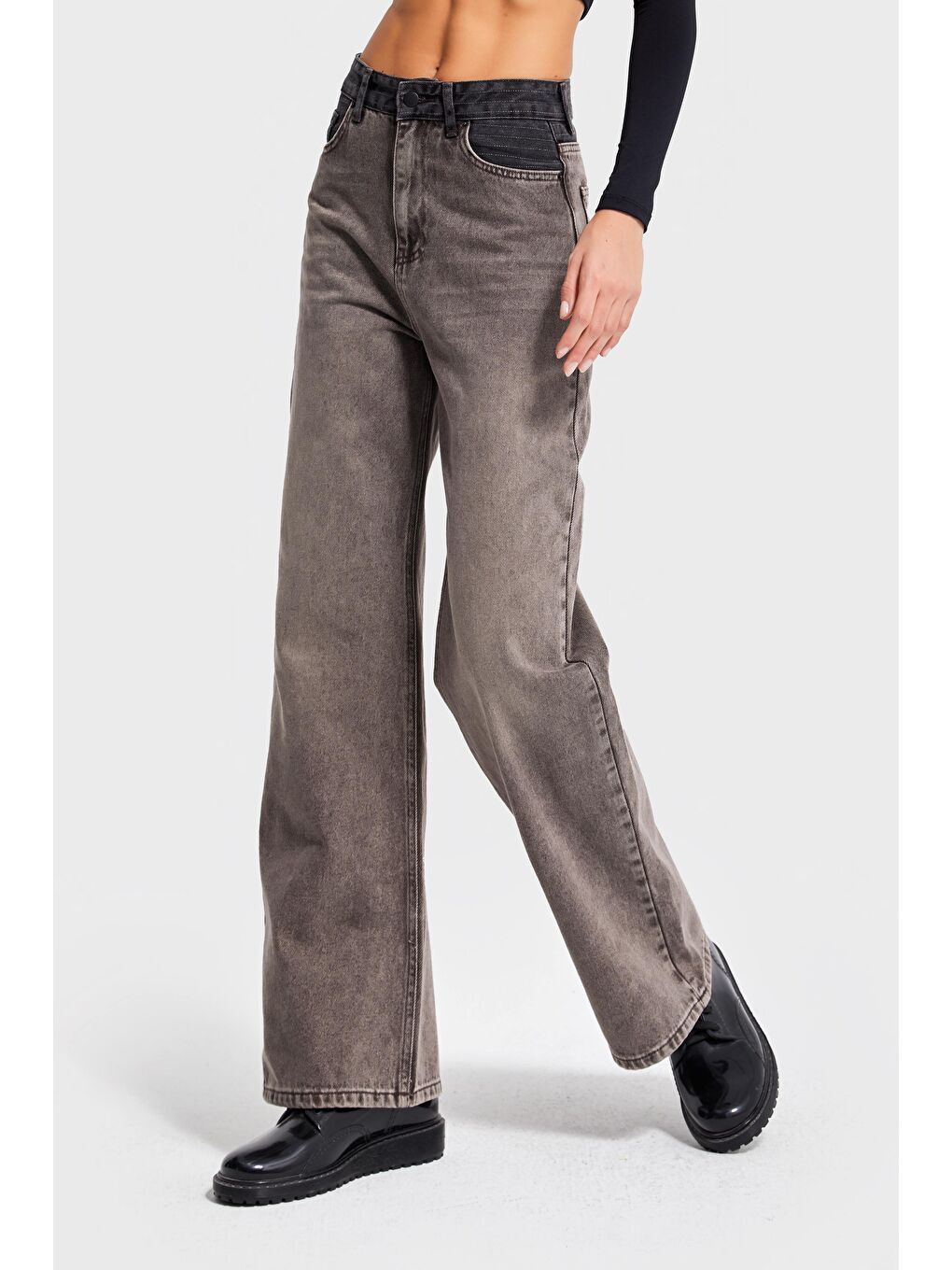 Kahverengi Kadın Taş Kahve Renk 4w5-16 Wide Leg Fit %100 Pamuk Tasarım Denim Jean