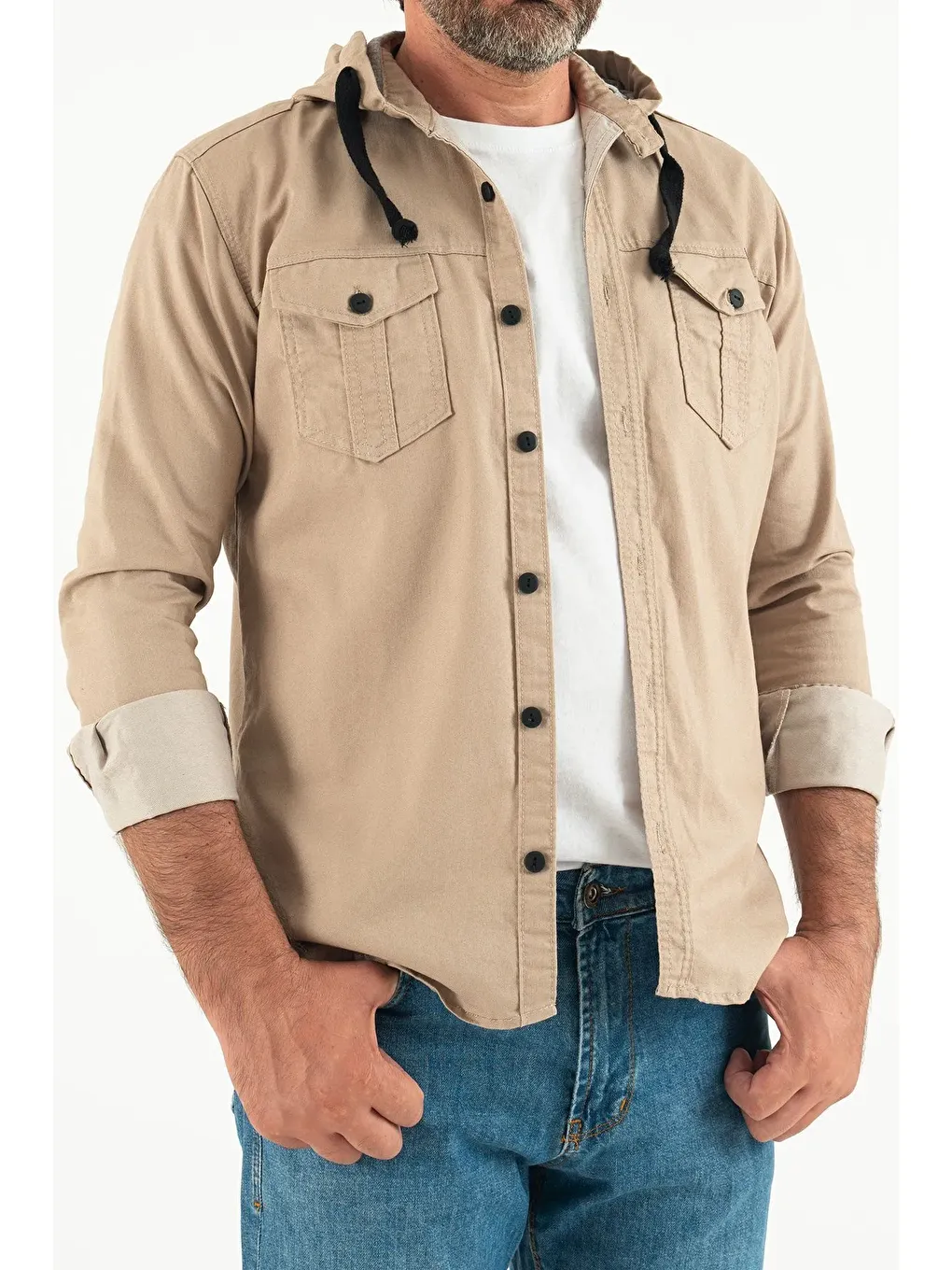 Bej Erkek Slim Fit Dar Kalıp Kapüşonlu Jean Gömlek-2