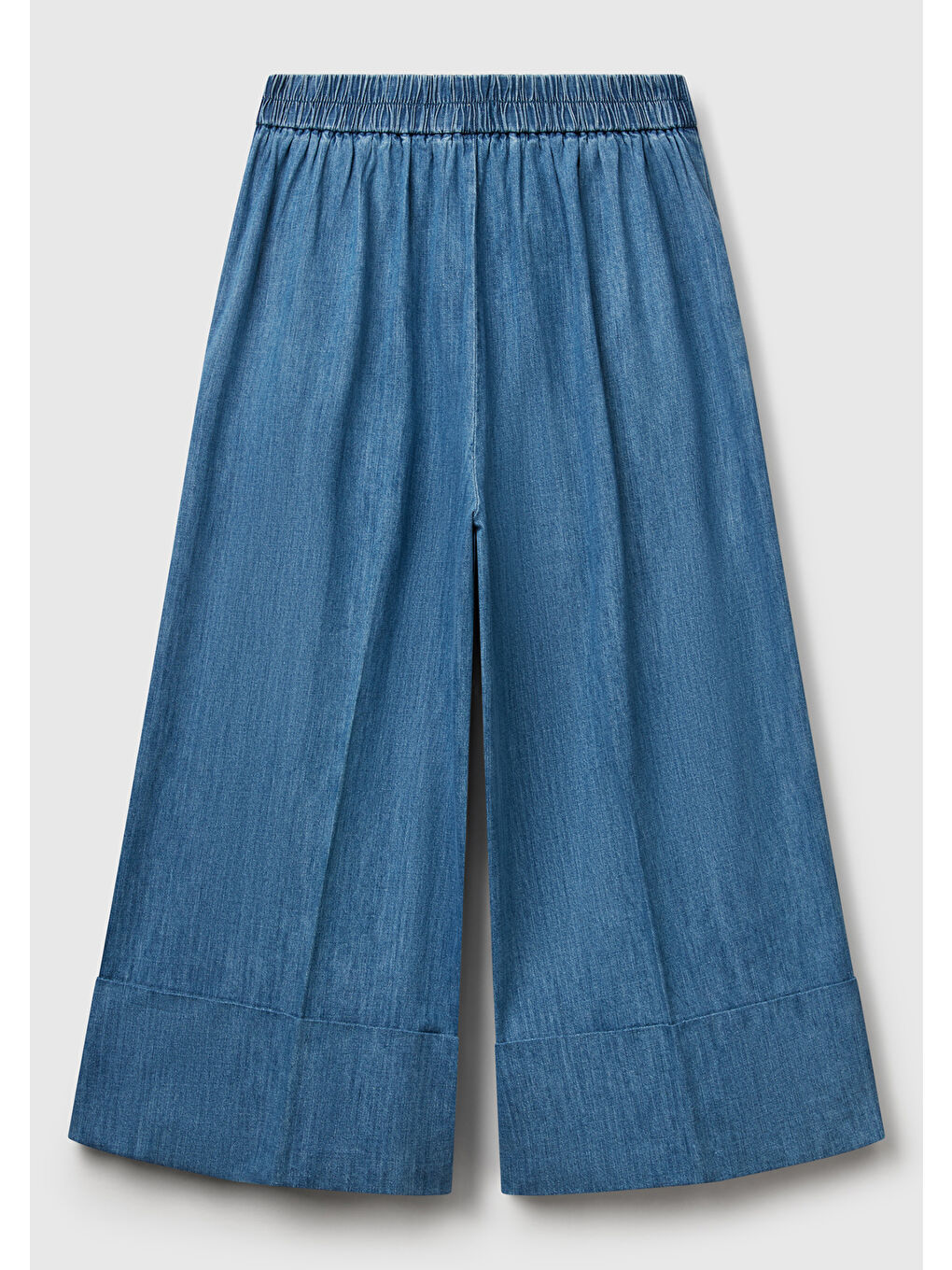 Kadın Açık Mavi Kenevir Karışımlı Beli Lastikli Kısa Bol Paça Denim Pantolon-3