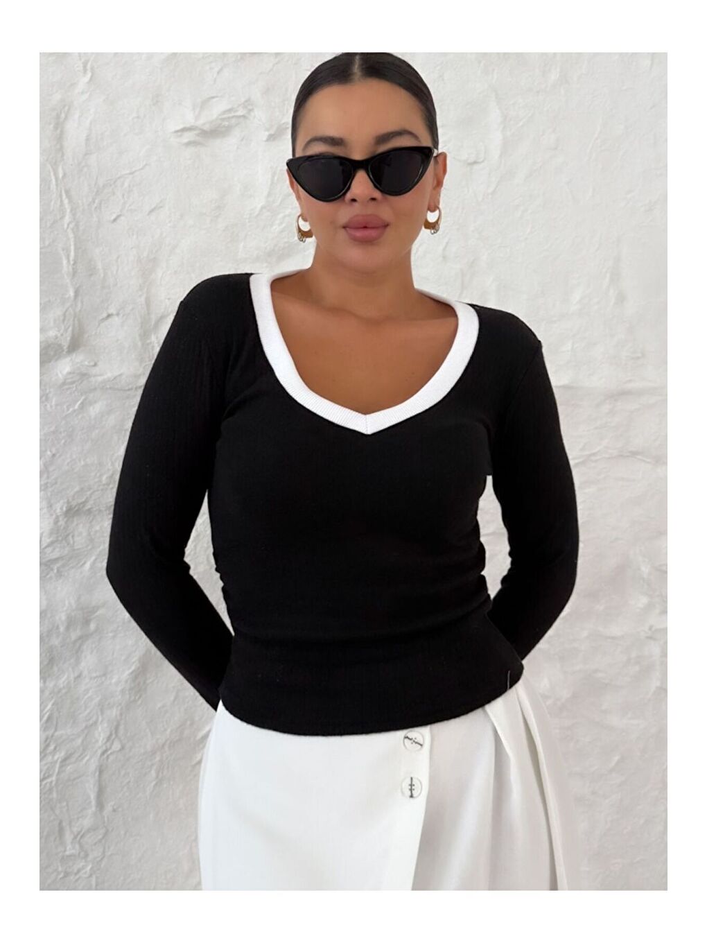 Kadın Siyah Sarı Kiremit V Yakalı Biyeli Uzun Kollu İnterlok Bluz-2