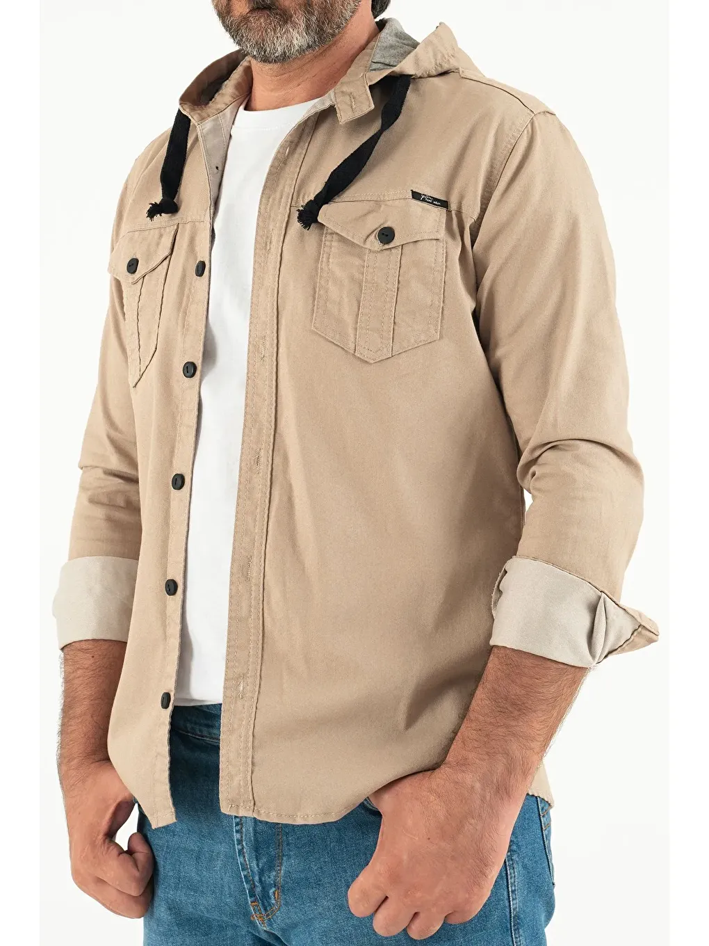 Bej Erkek Slim Fit Dar Kalıp Kapüşonlu Jean Gömlek-3