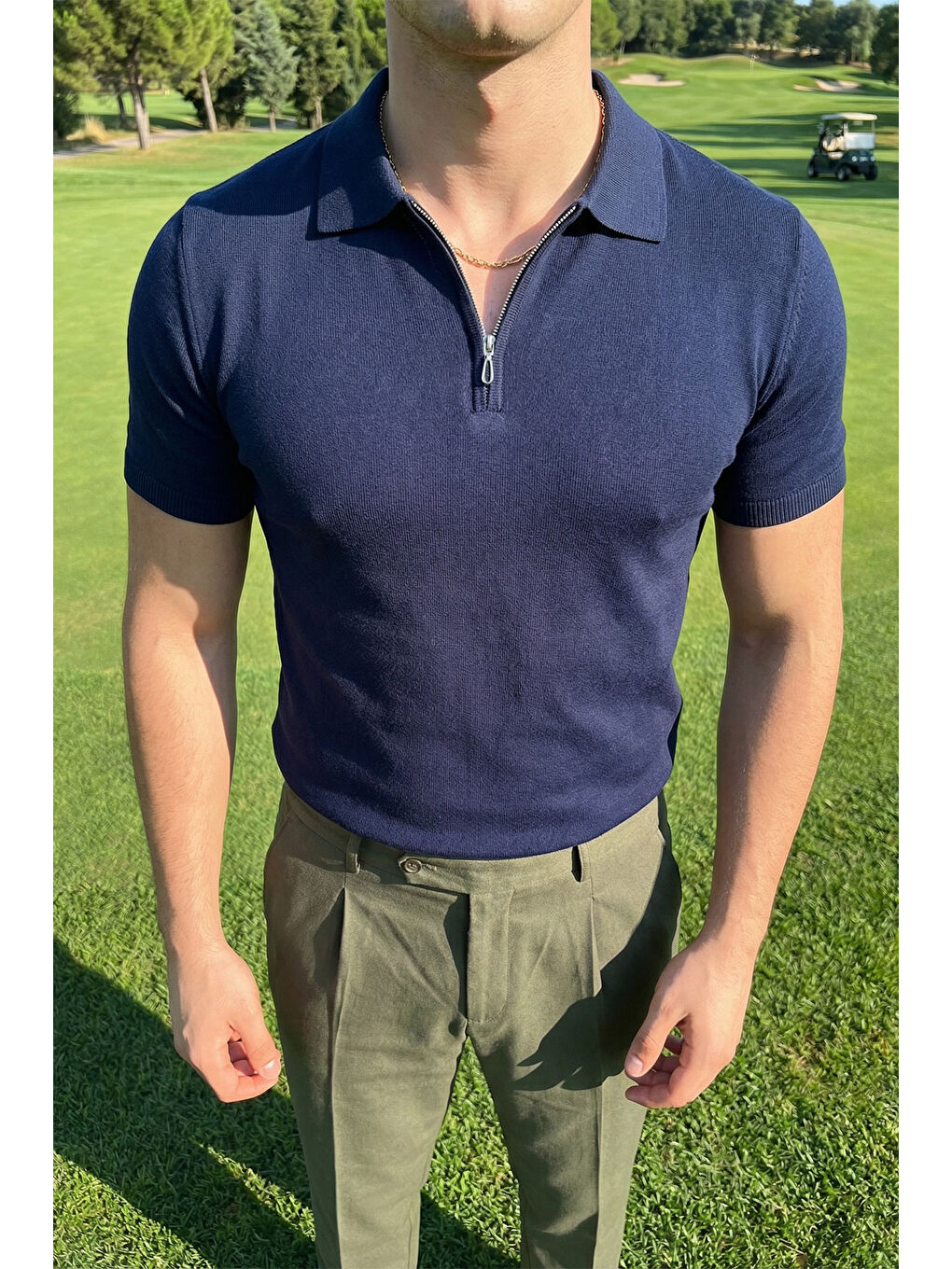 Lacivert Osko Erkek Polo Yaka Pamuk Düz İnce Triko Tişört-5