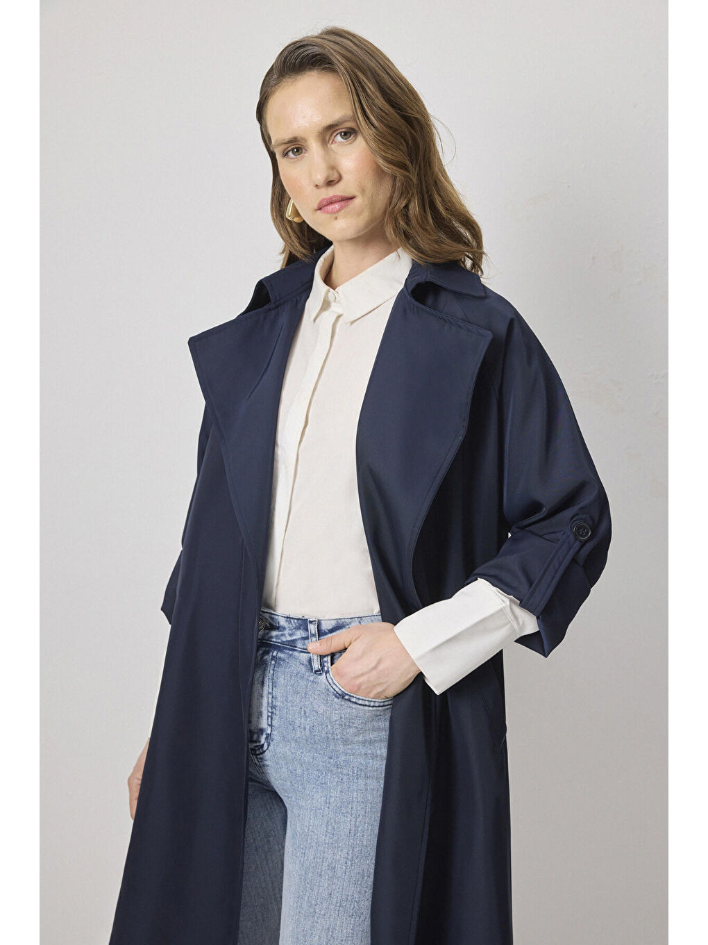 Lacivert Kuşaklı Kruvaze Trençkot-2