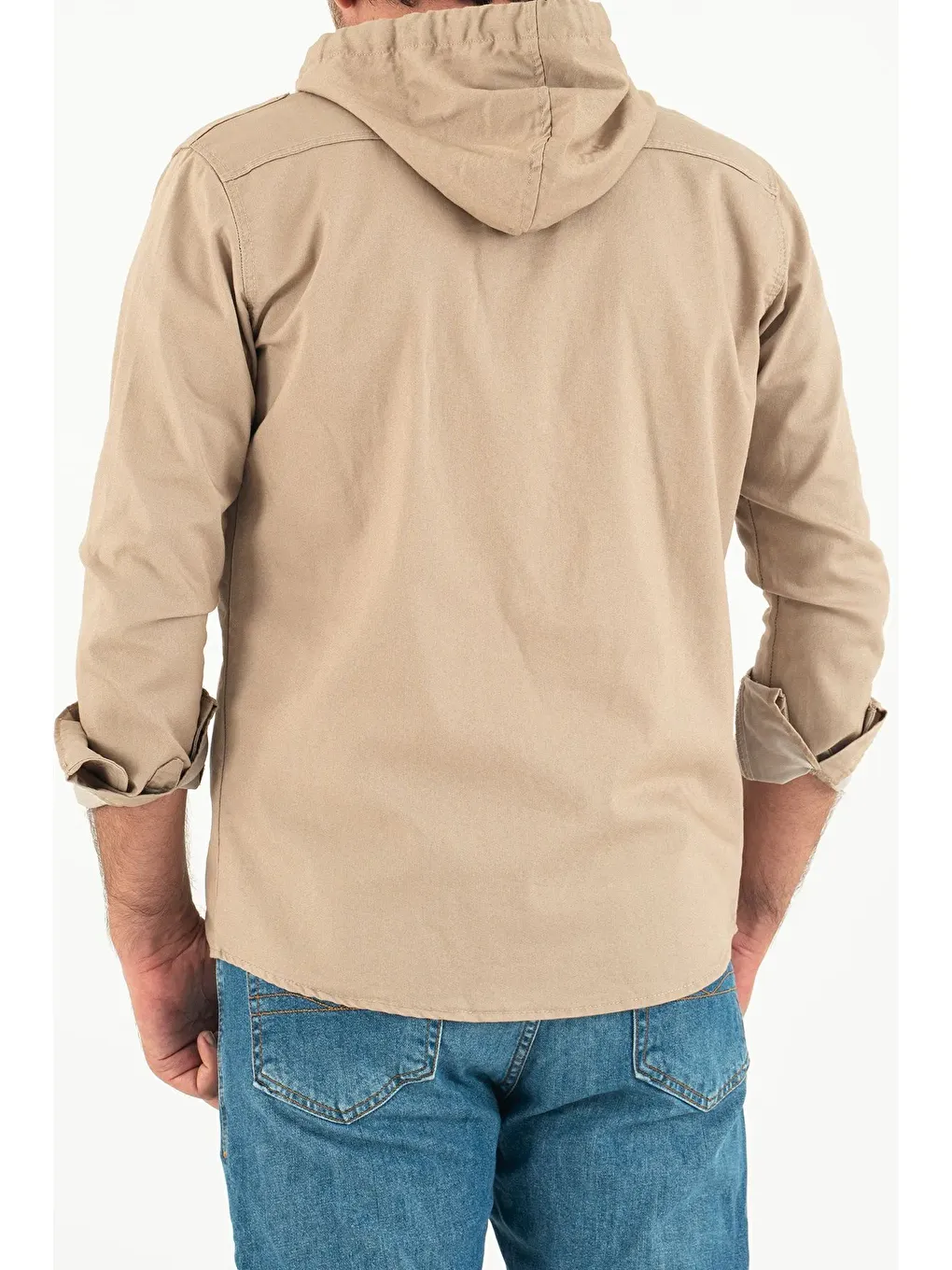 Bej Erkek Slim Fit Dar Kalıp Kapüşonlu Jean Gömlek-4