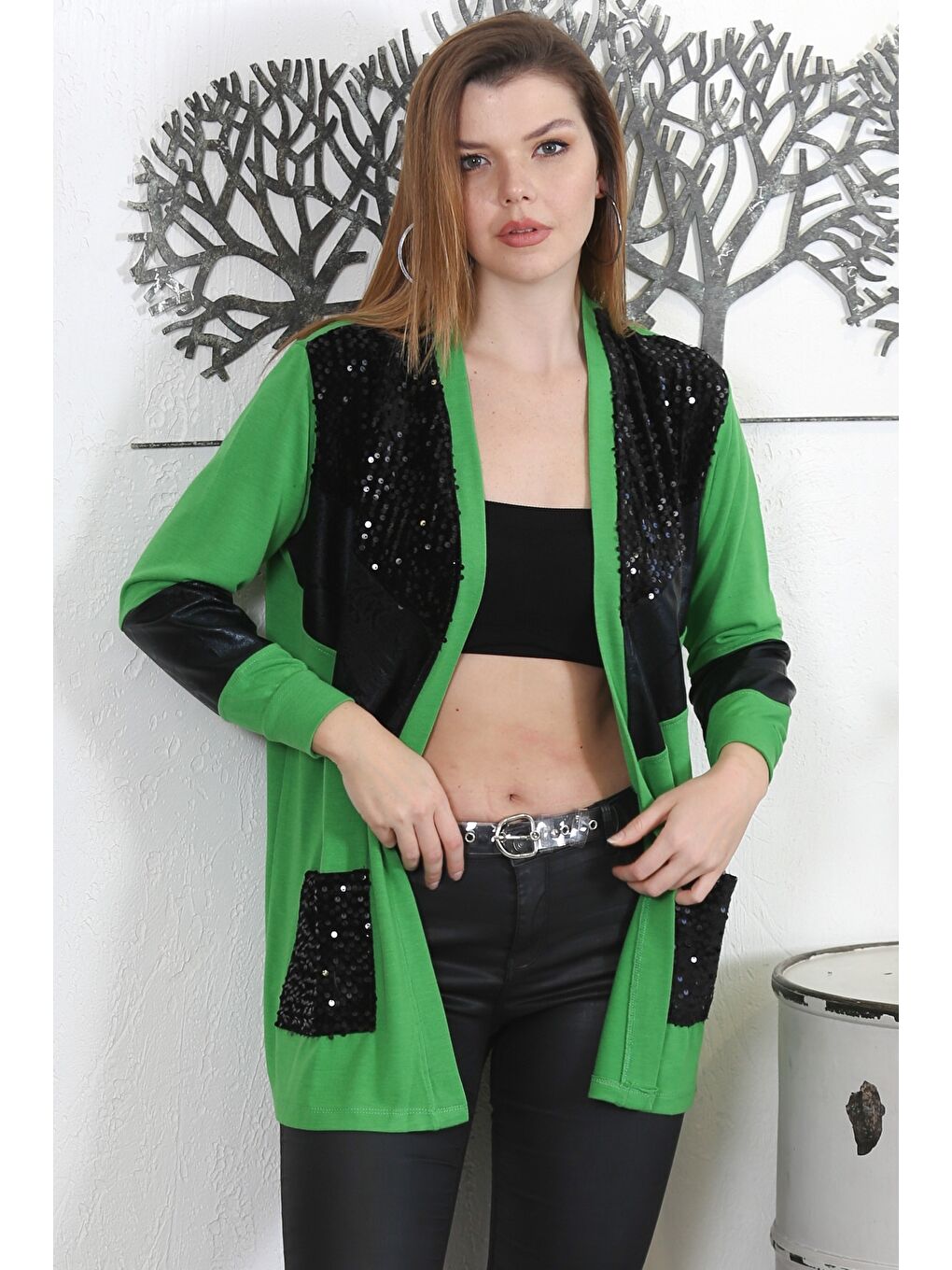 Siyah-Yeşil Kimono Yaka Uzun Kol Pullu Cepli Örme Casual Ceket