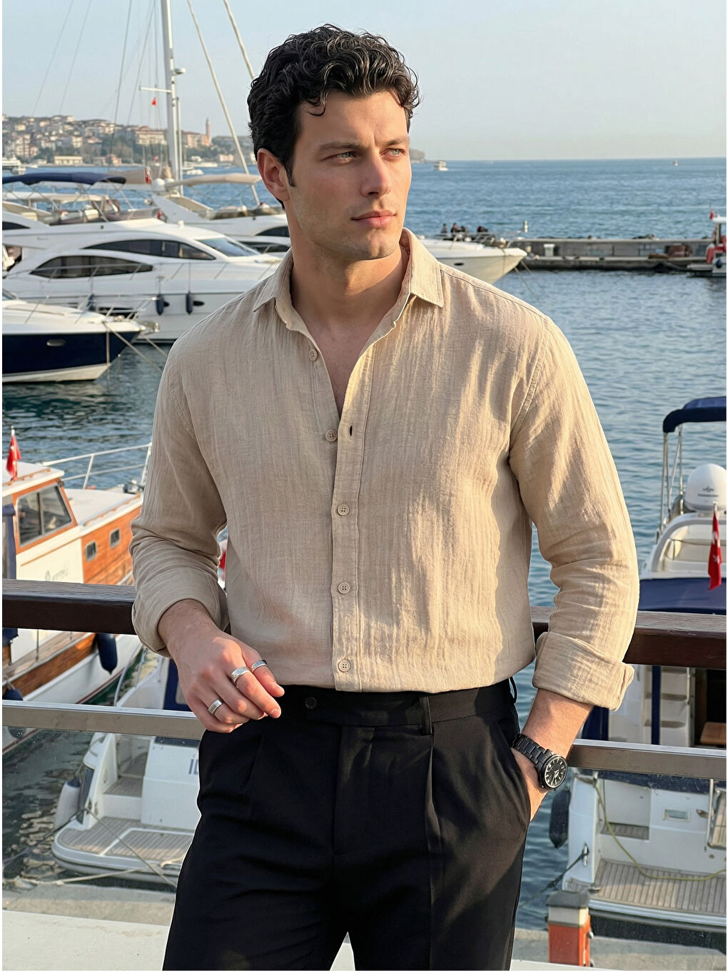 Bej Tap Erkek Oversize Pamuk Gömlek-4