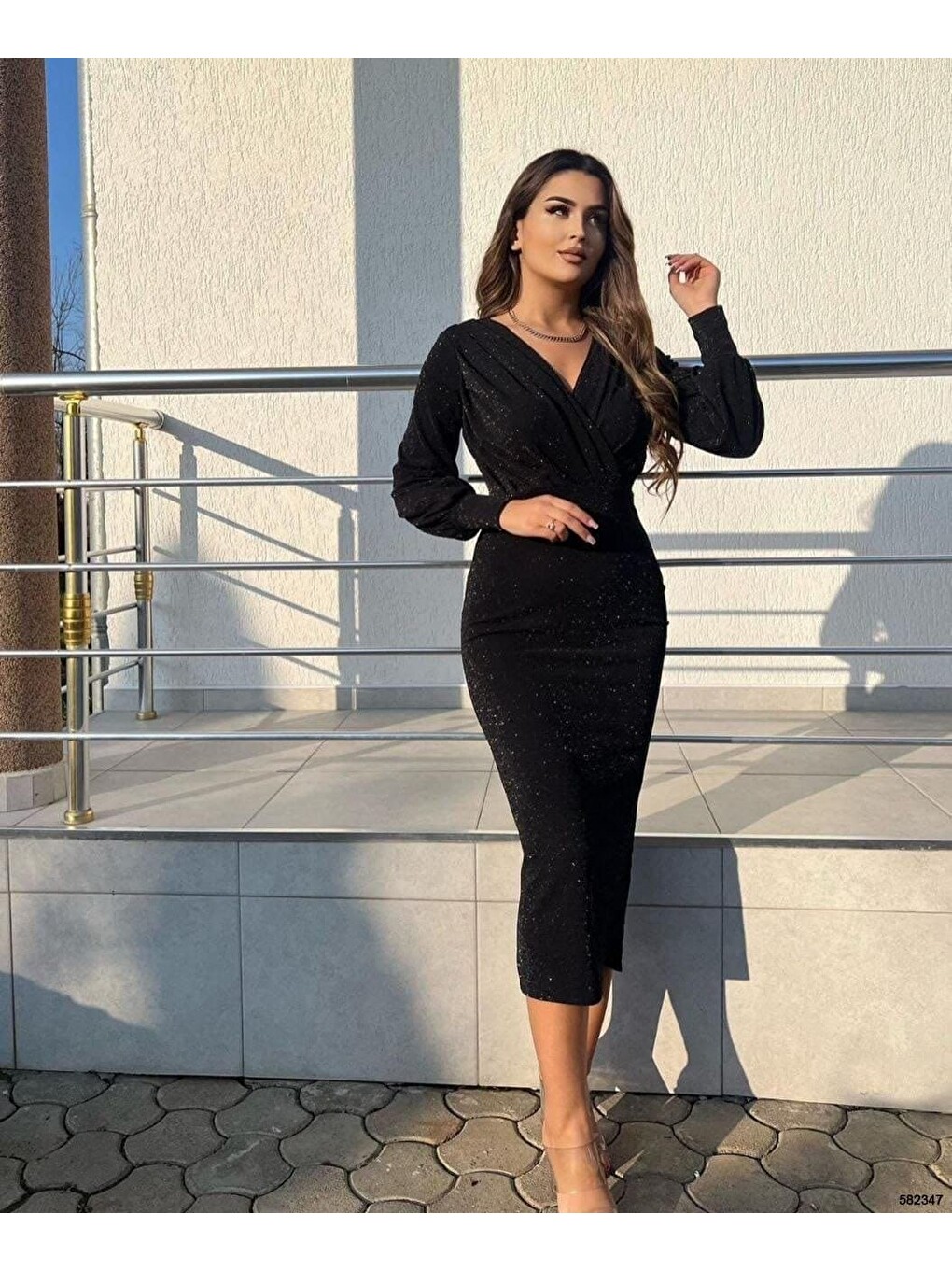 Siyah Kadın Uzun Kollu Kruvaze Yaka Büzgü Ve Balon Kol Detay Krep Kumaş Maxi Boy Elbise-1