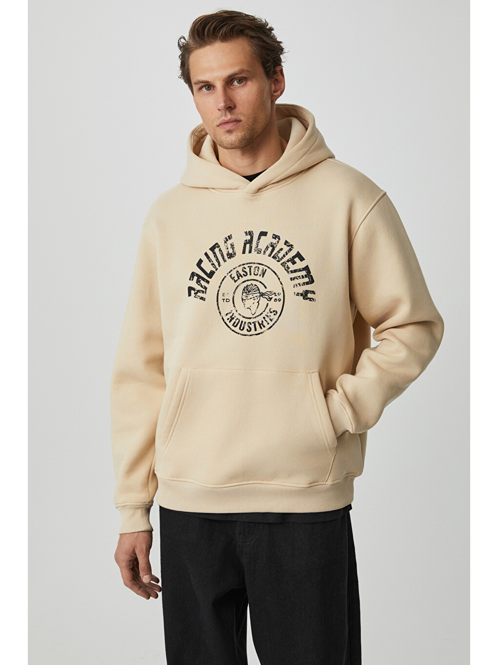 Edgar Erkek %75 Pamuk %25 Polyester Yumuşacık Kapüşonlu Oversize Bej Sweatshirt