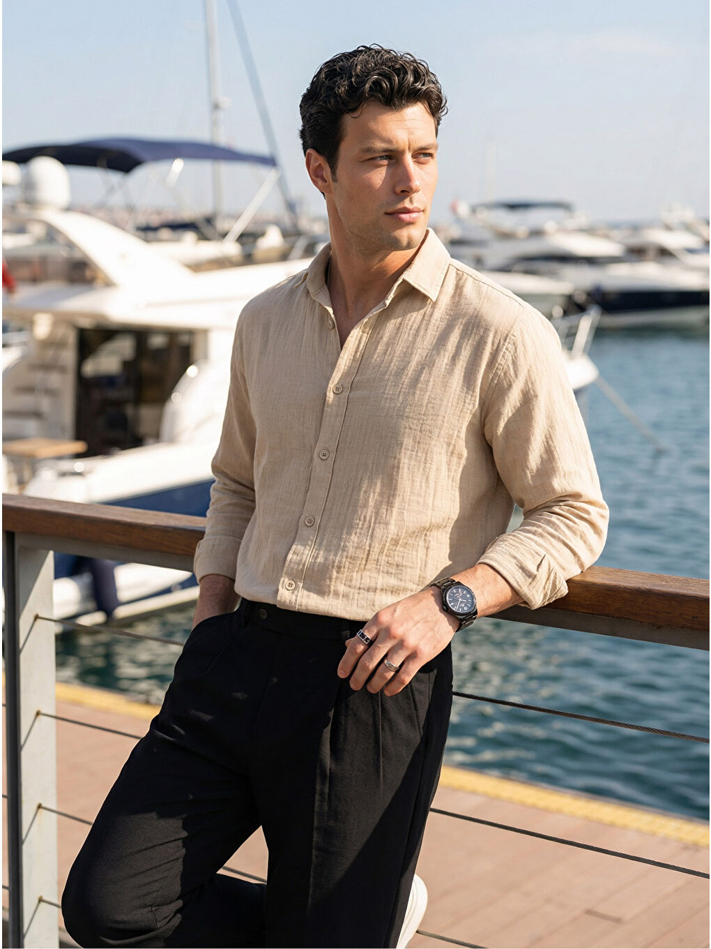 Bej Tap Erkek Oversize Pamuk Gömlek-5