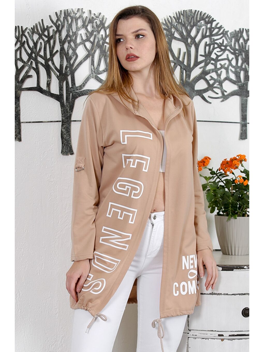 Kahverengi Camel Kapüşonlu Uzun Kol Baskılı Örme Casual Kapüşonlu Ceket-4