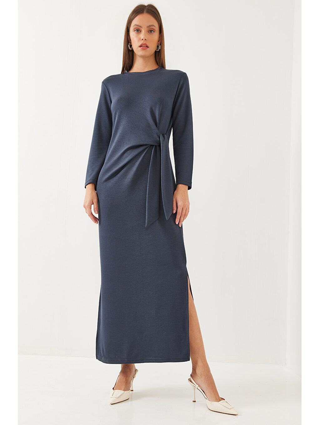 İndigo Kadın Bağlama Detaylı Modal Elbise