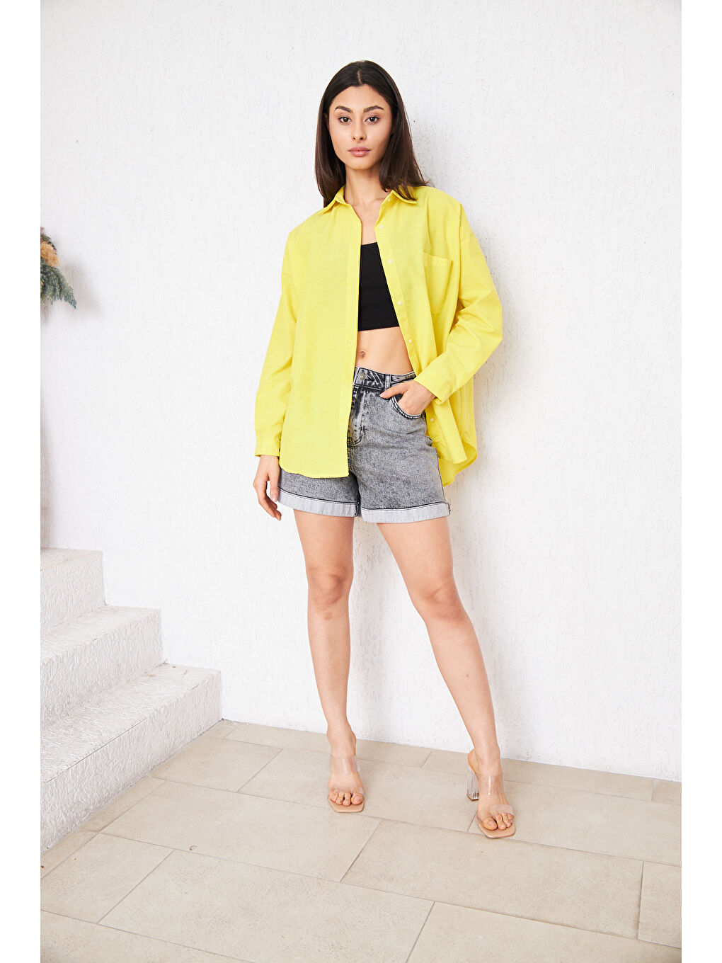 Kadın Cepli Trend Kollu Düğmeli Sarı Tunik Gömlek-7