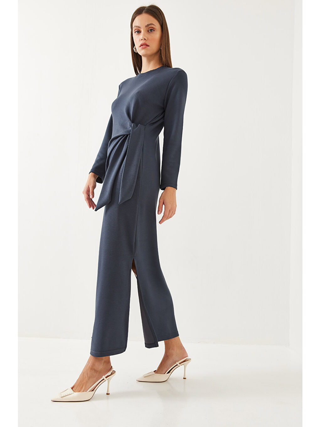 İndigo Kadın Bağlama Detaylı Modal Elbise-2