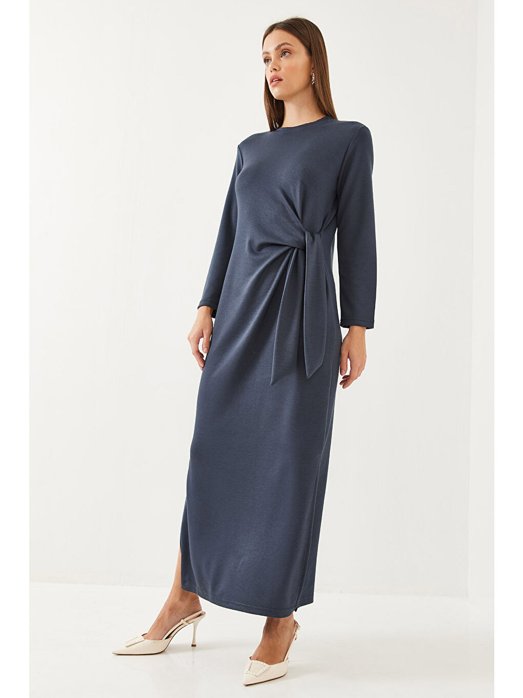 İndigo Kadın Bağlama Detaylı Modal Elbise-3