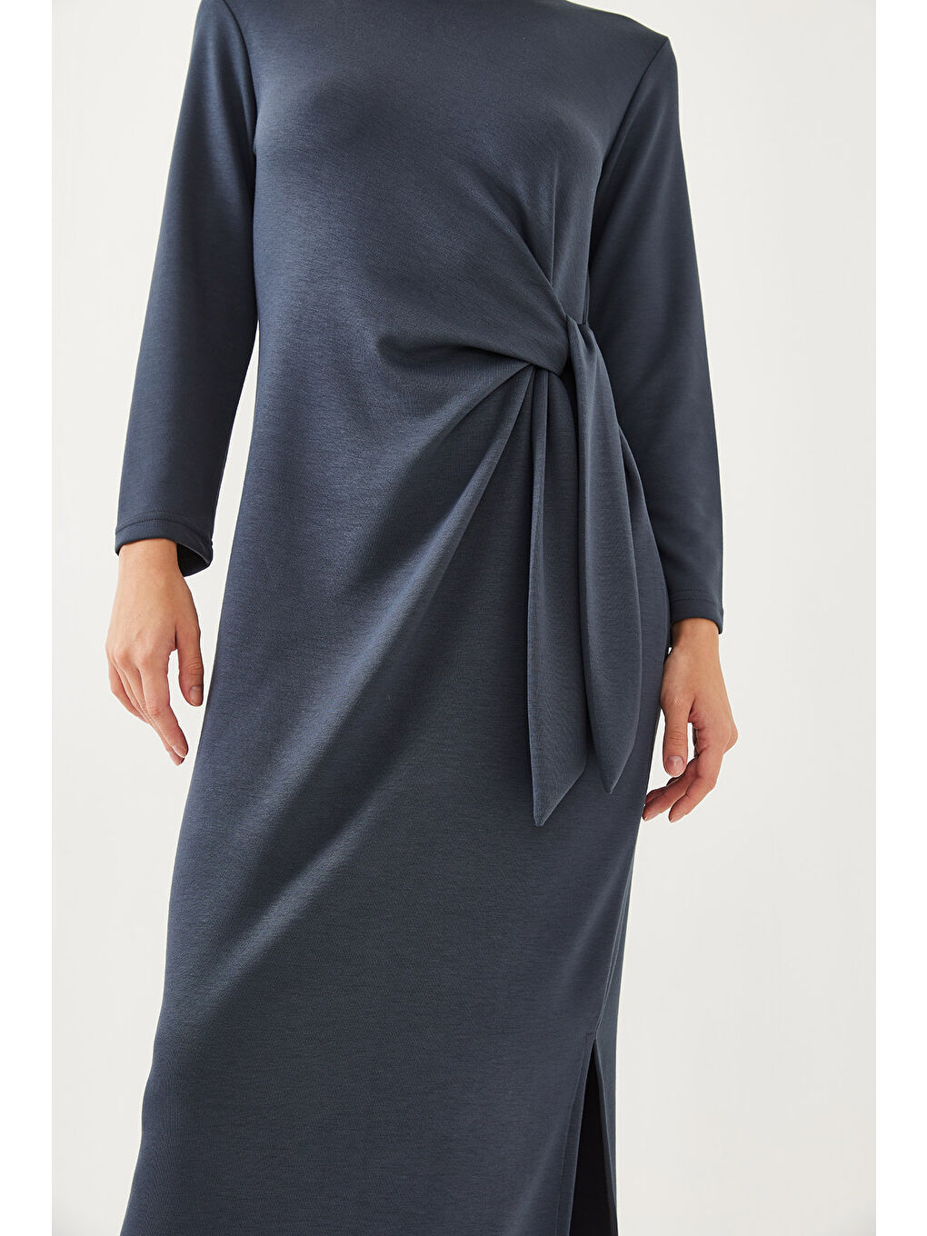 İndigo Kadın Bağlama Detaylı Modal Elbise-4
